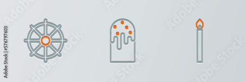 Set line Burning candle, Dharma wheel and Easter cake icon. Vector