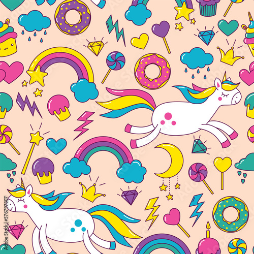 Vector bright pattern with unicorns, rainbows, moon, handouts, candies