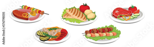 Barbecue Food with Grilled Meat and Vegetables on Plate Vector Set