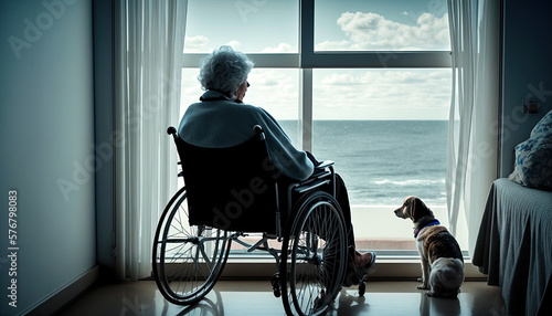 Generative AI Illustration of an elderly lady sitting in a wheelchair next to her dog contemplating the sea and the beach from a room