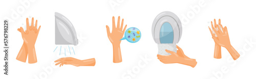 Hands Hygiene with Washing and Rubbing with Soap Vector Set