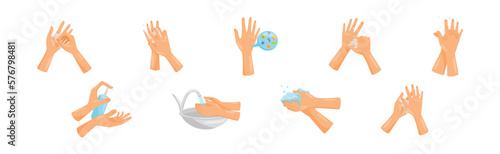 Hands Hygiene with Washing and Rubbing with Soap Vector Set