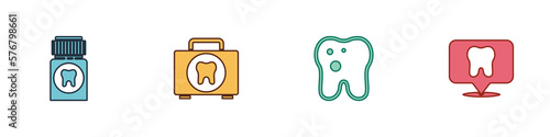 Set Painkiller tablet, First aid kit, Tooth with caries and Dental clinic location icon. Vector