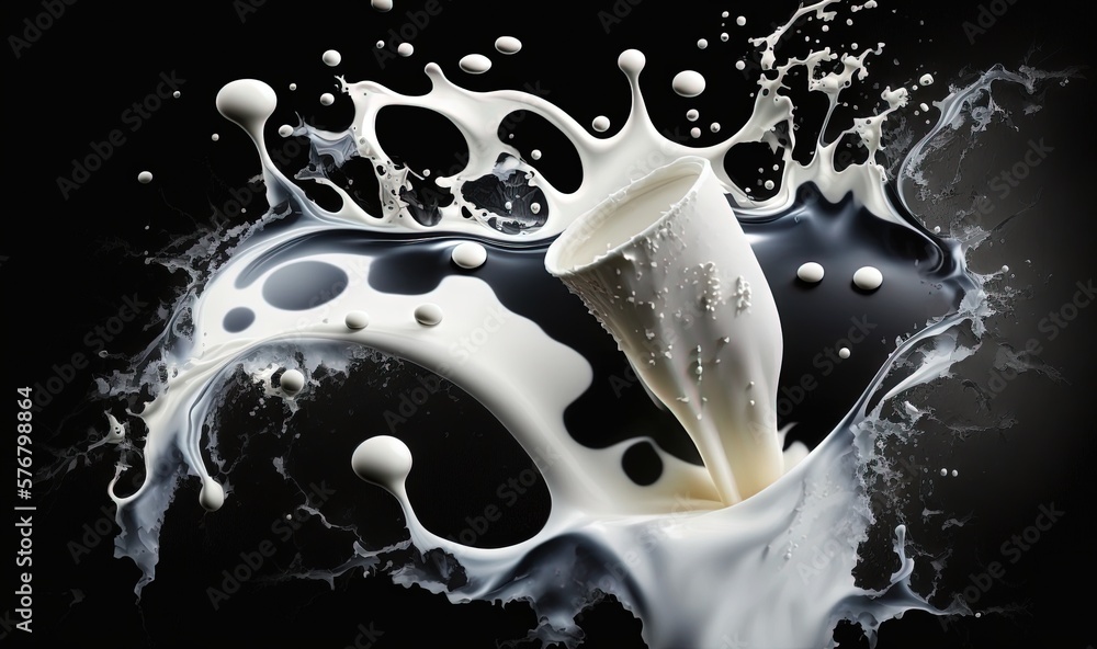 milk splashing into a black and white background with a splash of milk ...