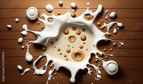  a splash of milk and some other items on a wooden surface with white and brown paint on the top of the image and the bottom of the image.  generative ai photo