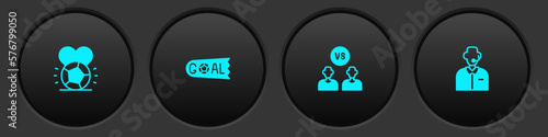 Set Soccer football ball, Goal soccer, Football or player and commentator icon. Vector