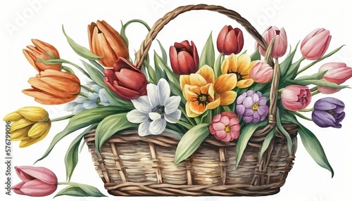  a basket filled with lots of flowers on top of a white background with a green leafy plant in the middle of the basket and a white background.  generative ai photo