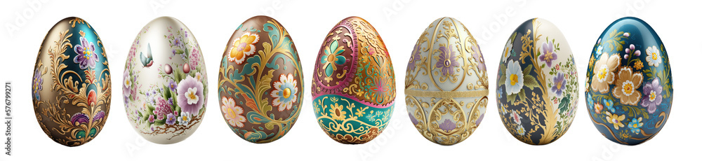Easter eggs with ornaments in a row isolated on transparent background, banner. PNG. Generative AI Easter eggs with ornaments in a row isolated on transparent background, banner. PNG. Generative AI