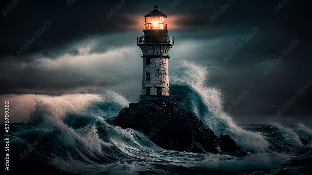 lighthouse shines brightly in the dark in a raging sea, a storm, generative ai