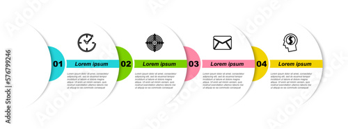 Set line Clock with arrow, Target sport, Envelope and Business man planning mind. Business infographic template. Vector