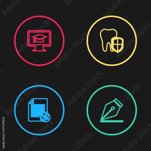 Set line Transfer files, Fountain pen nib, Dental protection and Monitor with graduation cap icon. Vector