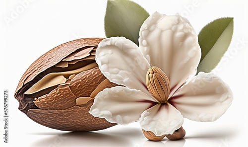 a nut with a flower and leaves on a white background with a reflection of the nut in the nut shell and the nut in the shell.  generative ai