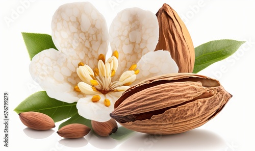  a nut and flower with leaves and petals on a white background with a reflection of the nut and the flower on the white background with a reflection of the nut.  generative ai
