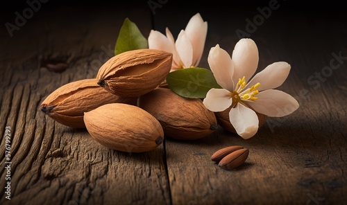  almonds and flowers on a wooden table with a dark background and a wooden table with a wooden surface and a wooden table with a wooden surface. generative ai