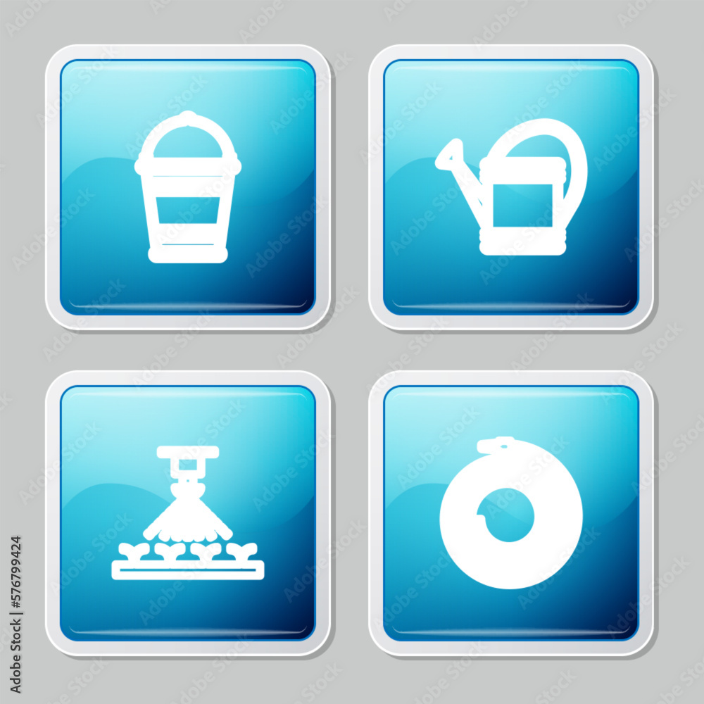 Set line Bucket, Watering can, Automatic irrigation sprinklers and Garden hose or fire hose icon. Vector Set line Bucket, Watering can, Automatic irrigation sprinklers and Garden hose or fire hose icon. Vector