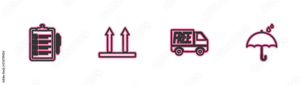 Set line Verification of delivery list, Free service, This side up and Umbrella and rain drops icon. Vector Set line Verification of delivery list, Free service, This side up and Umbrella and rain drops icon. Vector