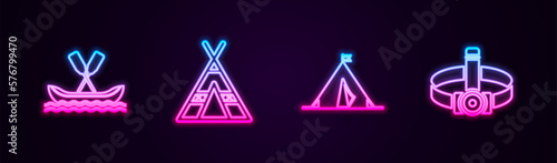 Set line Rafting boat, Tourist tent, with flag and Head flashlight. Glowing neon icon. Vector