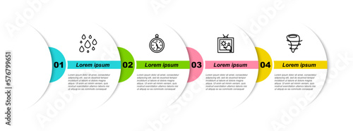 Set line Water drop, Compass, Weather forecast and Tornado. Business infographic template. Vector