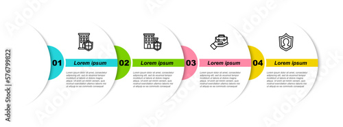 Set line House with shield, , Hand holding briefcase and Life insurance. Business infographic template. Vector