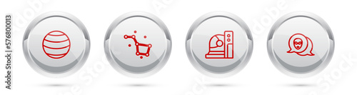 Set line Planet, Great Bear constellation, Astronaut helmet and Alien. Silver circle button. Vector