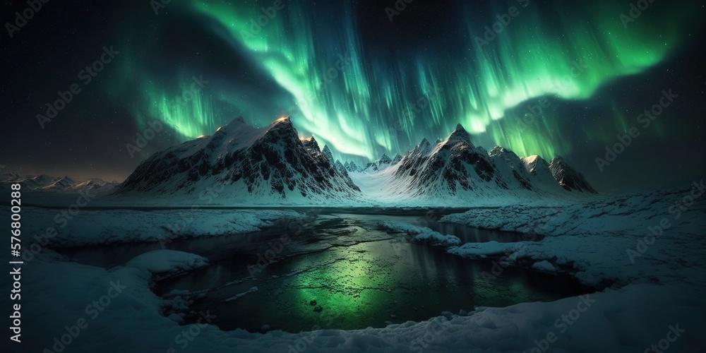 Naklejka premium image of a beautiful Aurora polar lights against the backdrop of snowy mountains at night, generative AI