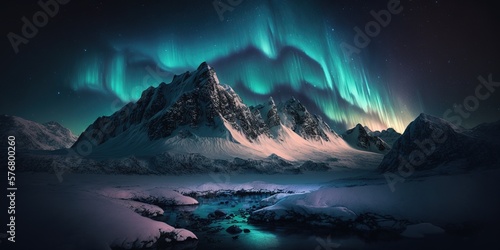 image of a beautiful Aurora polar lights against the backdrop of snowy mountains at night, generative AI © Roman King
