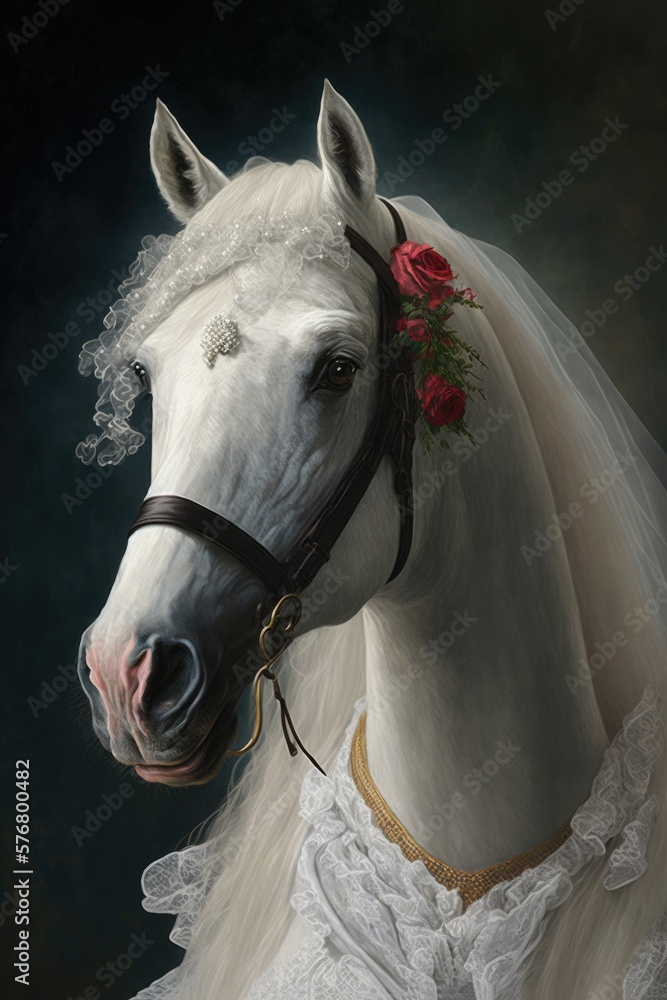  Horse dressed up in wedding dress. Generative AI