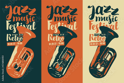 set Vector vintage poster for good old jazz festival of live music with wind instrument trumpet and inscriptions. Music banner, flyer, invitation, ticket in retro style