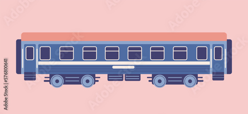 Railway carriage flat multicolor icon. Blue train on red background.