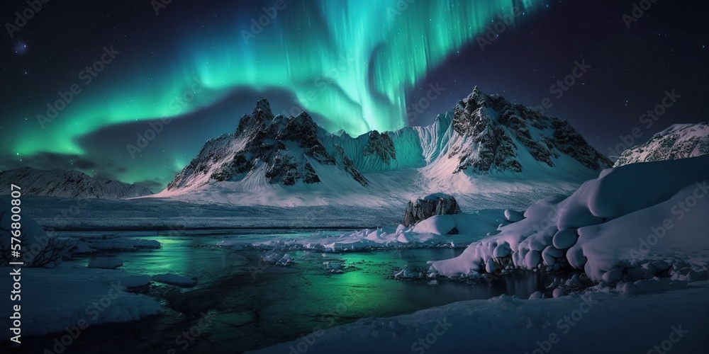 image of a beautiful Aurora polar lights against the backdrop of snowy mountains at night, generative AI