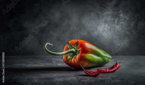  a red and green pepper sitting on top of a black surface next to a green pepper on the ground and a red pepper on the end of the pepper. generative ai