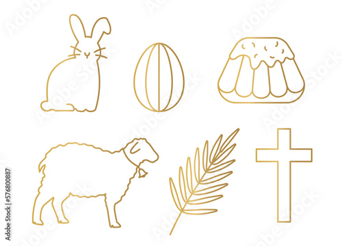 golden set of Easter related icons: bunny, egg, cake, lamb, palm leaf and cross- vector illustration