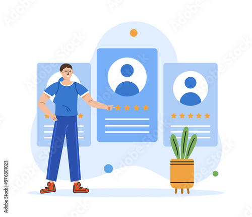 Man look at cv. People search concept. Recruitment scene. Vector illustration with isolated people scene