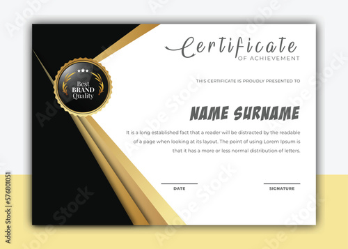 Black and gold certificate of achievement template with black luxury badge and frame.