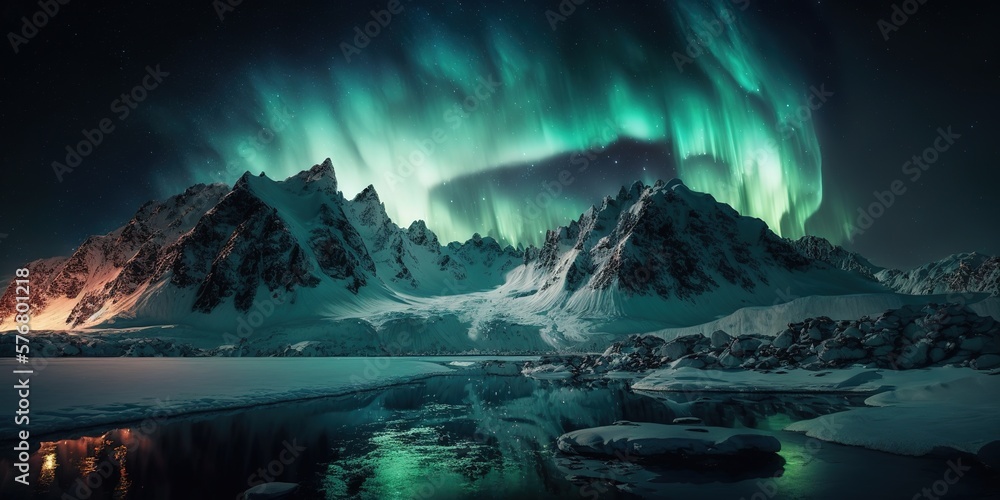 image of a beautiful Aurora polar lights against the backdrop of snowy mountains at night, generative AI