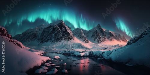 image of a beautiful Aurora polar lights against the backdrop of snowy mountains at night  generative AI
