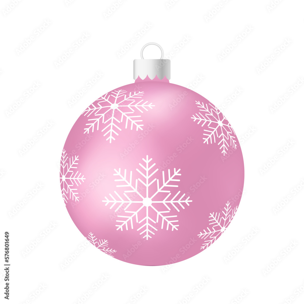 Pink rose Christmas tree toy or ball Volumetric and realistic color illustration