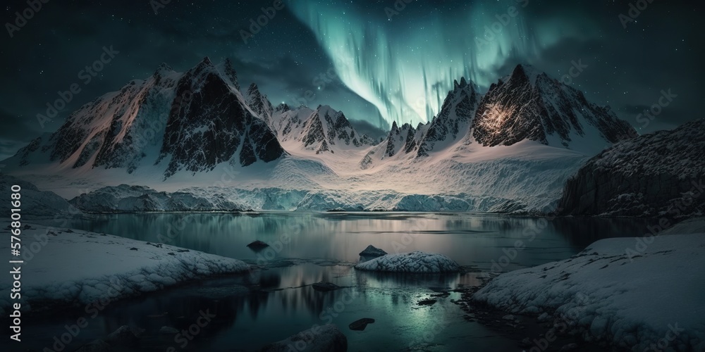 image of a beautiful Aurora polar lights against the backdrop of snowy mountains at night, generative AI