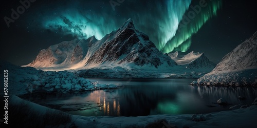 image of a beautiful Aurora polar lights against the backdrop of snowy mountains at night, generative AI