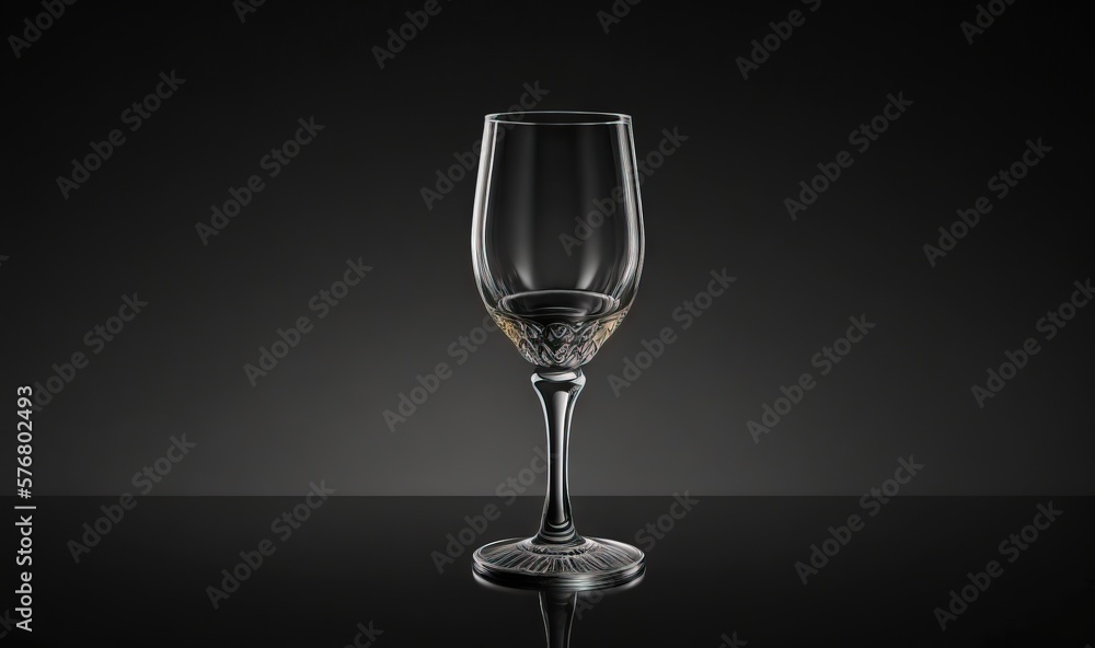 a wine glass sitting on top of a black counter top next to a black wall with a reflection of the wine glass in the glass. generative ai a wine glass sitting on top of a black counter top next to a black wall with a reflection of the wine glass in the glass. generative ai