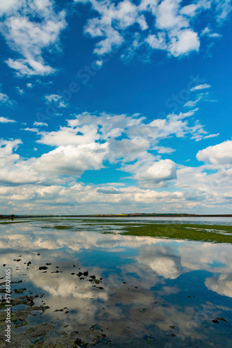 Reflection of white storm clouds in the water of the Tiligul estuary  Ukraine