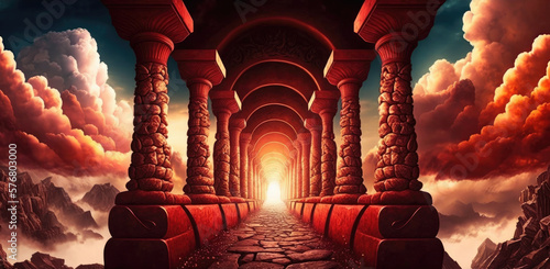 Bridge of stone pillars leading to infernal underworld of suffering, pain awaits the unrighteous souls, fiery burning flame fire storm of sheol - generative AI. photo