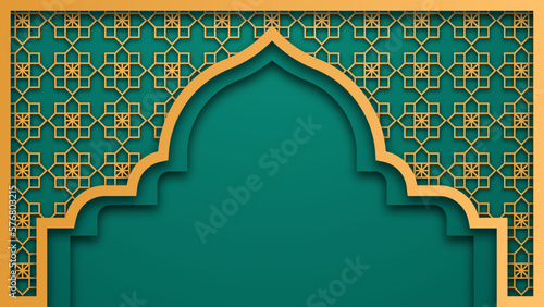 gold ornament on green background with free space for ramadan kareem celebration text
