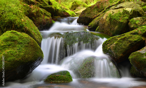 Waterfall on Black creek in the National park Sumava, Czechia. Mountain stream. 