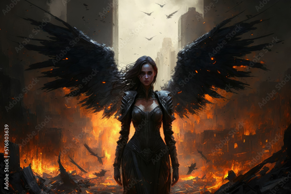 Dark angel with black wings and a black dress standing in front of a burning city, generative ai - obrazy, fototapety, plakaty 