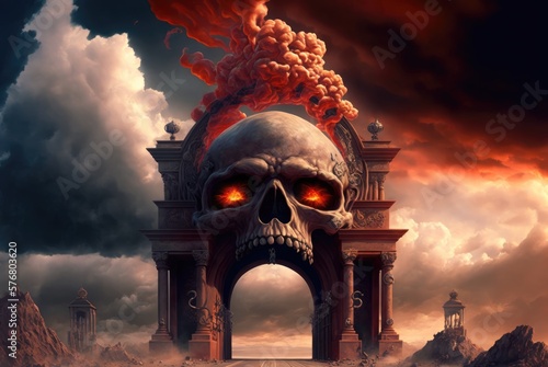 Road to hell through evil demonic skull gate entrance, infernal underworld of suffering and pain awaits the unrighteous souls, fiery burning flame fire storm of sheol - generative AI. photo