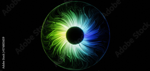 Close up illustration of colorful stylized blue and green glowing eye iris	

