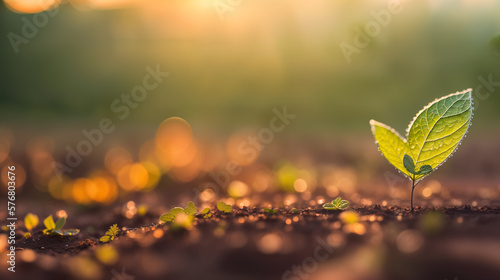The first young green little sprouts of plants in the dew grow from the ground at dawn in the sunlight on a spring morning. Close up, macro. The concept of the origin of life. Generative AI.