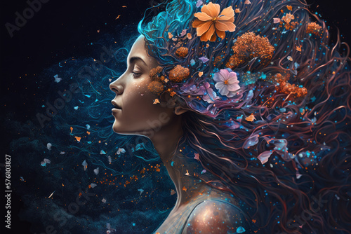 Dreamlike portrait of a woman with hair made of flowers wearing a galaxy dress, generative ai
