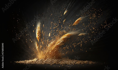 Fotografiet a bunch of grain flying through the air with a black background and a black background with a black background and a black background with a grain of wheat